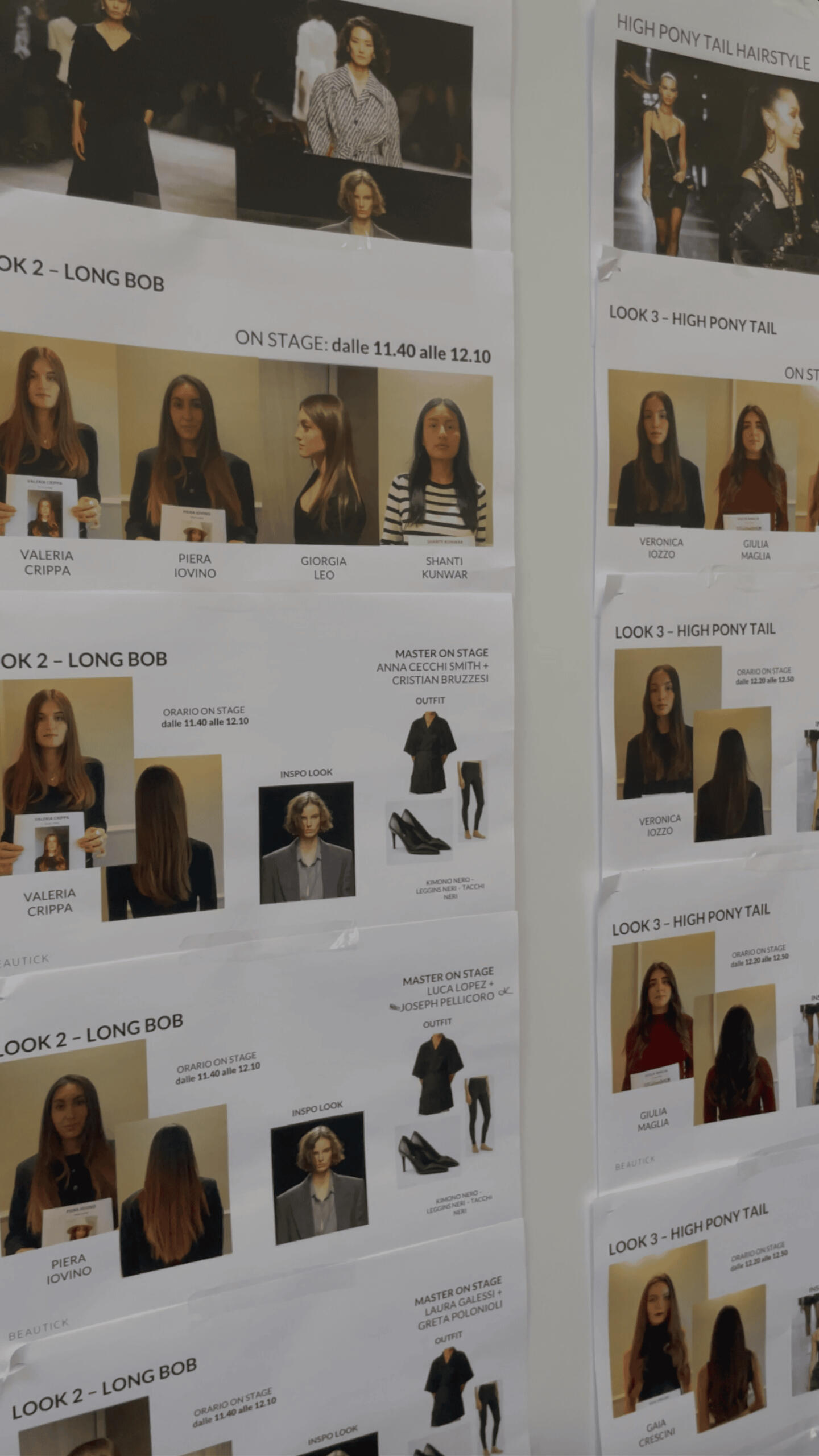 Look board con foto delle modelle e degli outfit per la sfilata